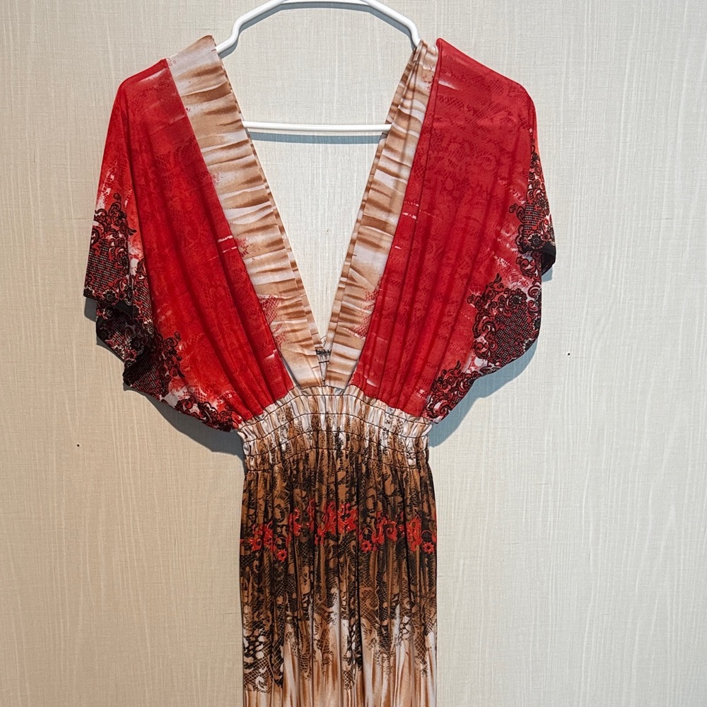 Red and Brown Deep V Maxi Dress